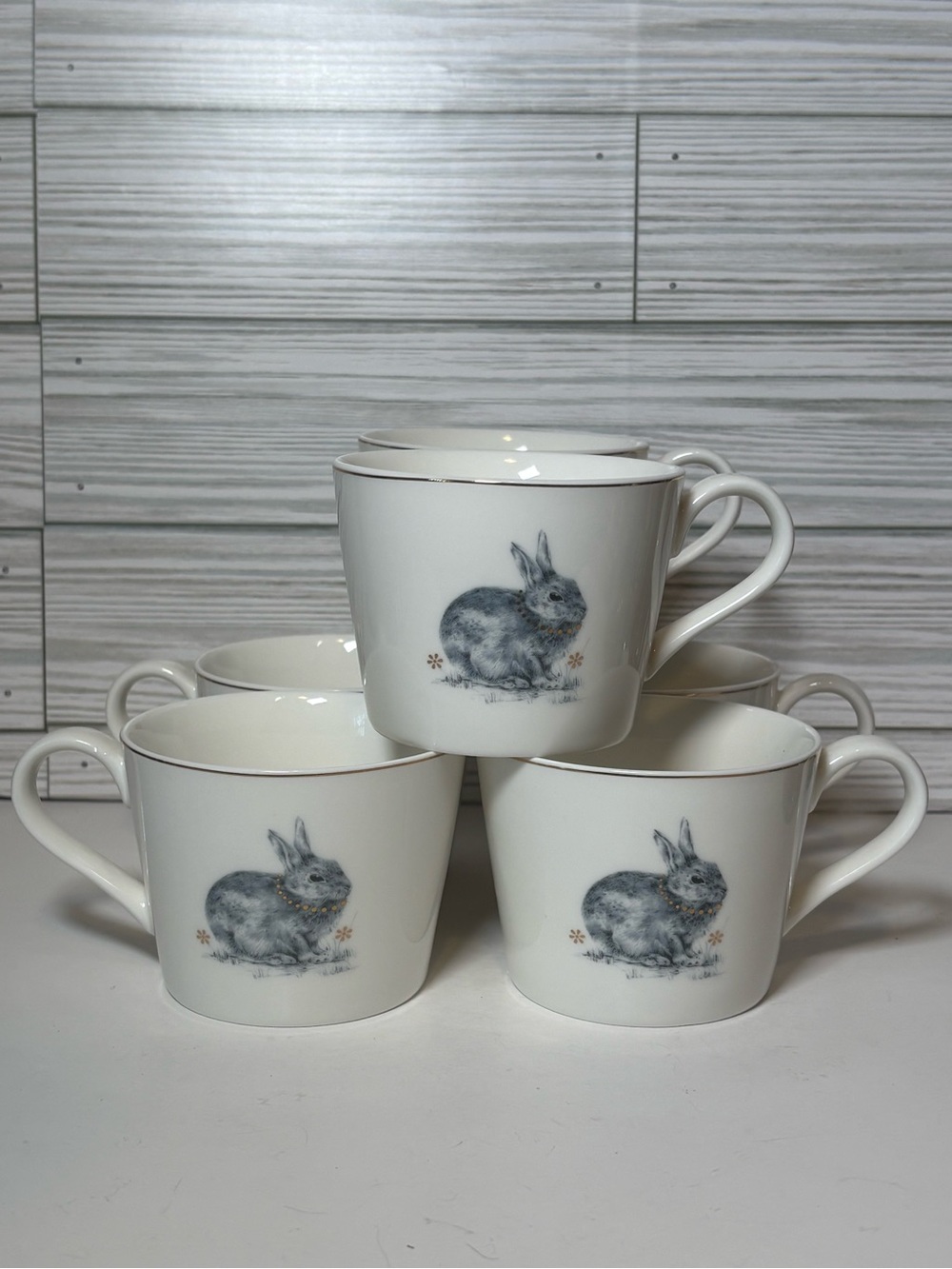 Spode Meadow Lane Bunny Mugs Fine Porcelain Gold Trim Set of 6 Discontinued